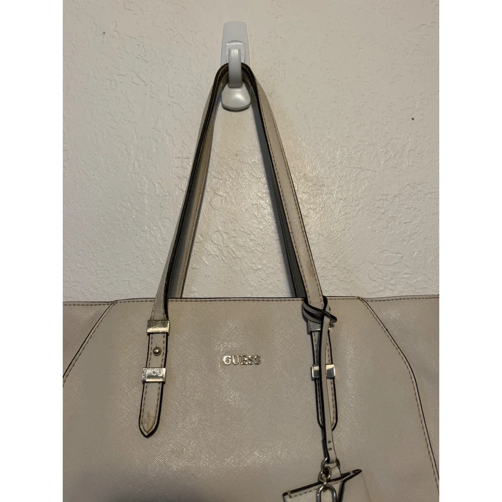 Guess Cream Saffiano PVC Tote Bag Silver Hardware Off White Shoulder Bag